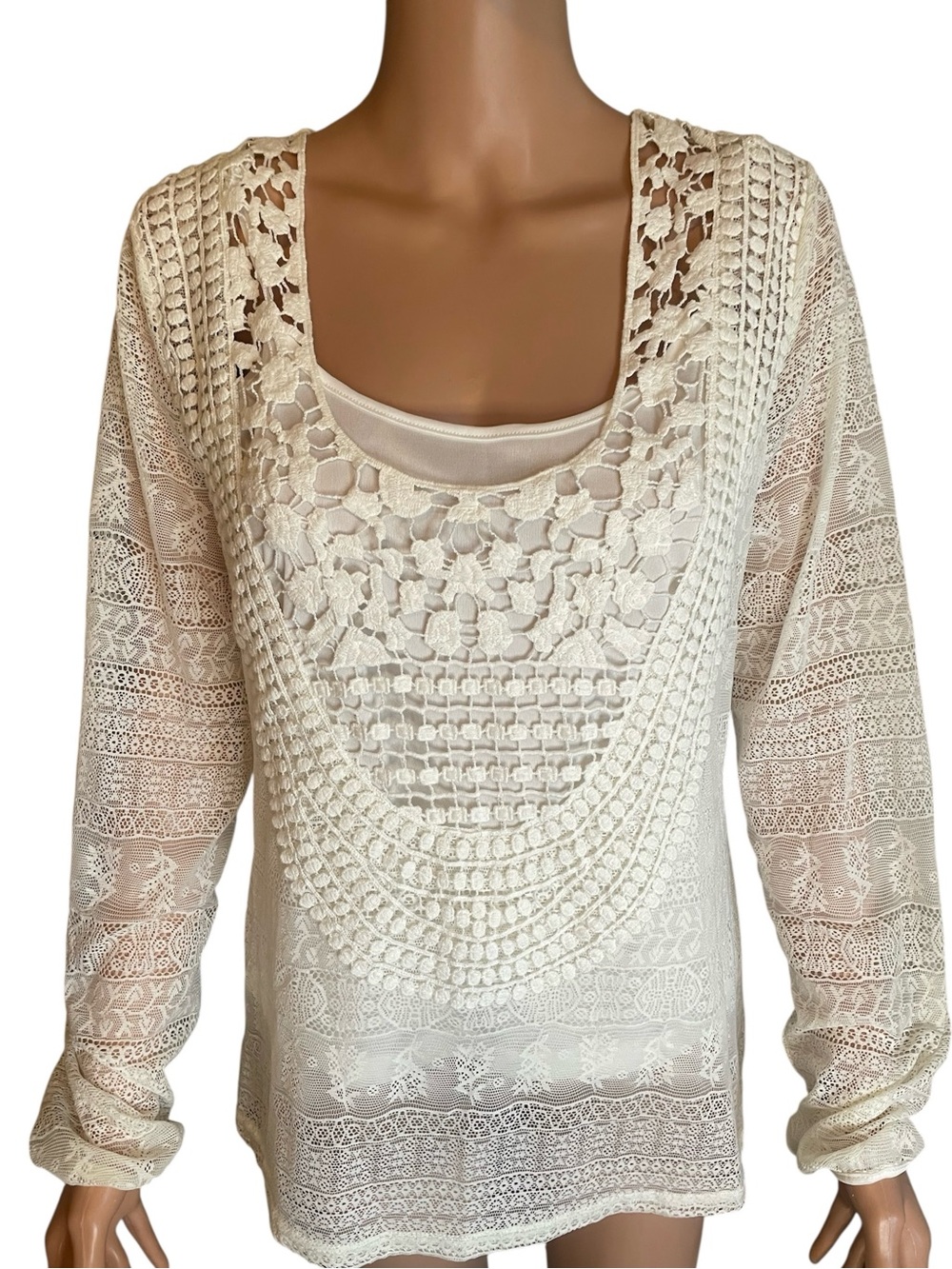 Brixon Ivy Cream Crochet Lace Scoop Neck Blouse See thru with tank M